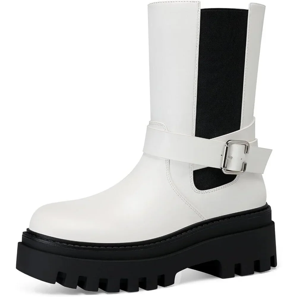 Women's White Chelsea Platform Boots Comfort Width Fall Winter Ankle Booties